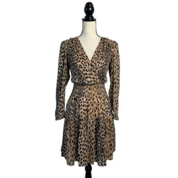 Rebecca Taylor Leopard Print Long Sleeve Plunged Neckline Mini Dress - Picture 14 of 16